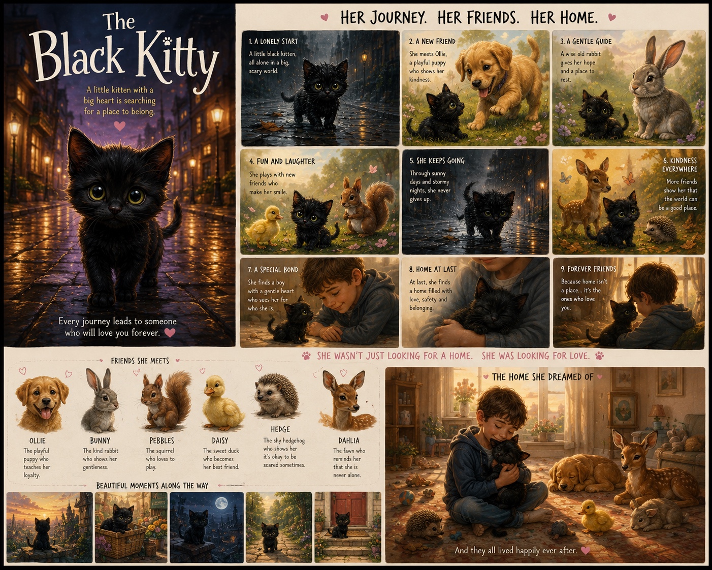 The Black Kitty story, character, and visual development board